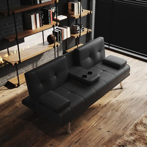 ELEGANT 3 Seater Sofa Bed with 2 Cup Holders & Removable Pillow Modern Black Sofa Faux Leather Fireproof Sponge Recliner Sleeper for Living Room