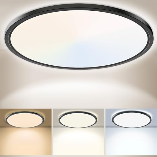 Yexati LED Deckenleuchte 24W 6000K/4000K/3000K, 3200LM IP54 Ultra Dünn Deckenlampe, Flach Rund Modern Badezimmer Lampe Schwarz Küchenlampe für Flur Schlafzimmer Balkon Wohnzimmer Küche Keller Ø30 CM