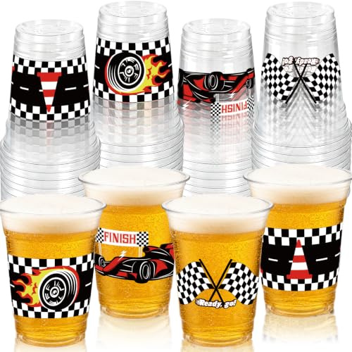 GuassLee 50 Race Car Birthday Party Decorations, 12Oz Checkered Flag Racing Party Disposable Plastic Cups for Boys Fast One Two Birthday Car Party Favors Supplies