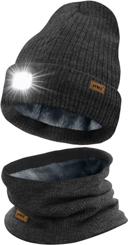 ATNKE LED Mütze mit Licht und Schal Set, Wiederaufladbare USB 4 LED Beleuchtete Laufmütze Winter Warme Gefütterte Fleece Halsschlauch und Stricken Mütze für Herren und Damen Geschenke