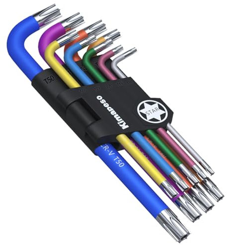 Kimapeso Juego de 9 llaves Allen Torx de estrella, juego de llaves Allen de colores, marcas de tamaño de precisión T10, T15, T20, T25, T27, T30, T40, T45, T50 para proyectos de bricolaje en bicicleta