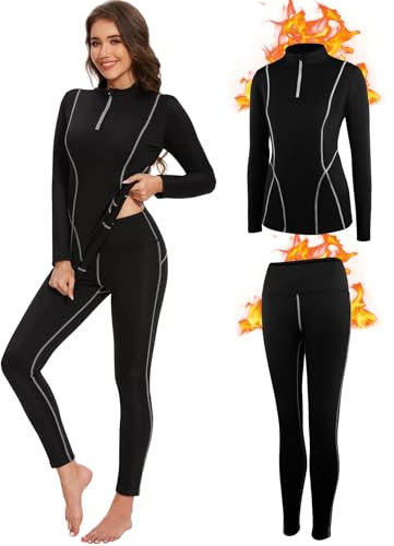 SIMIYA Thermounterwäsche Damen, Skiunterwäsche Funktionsunterwäsche Set Extra Warm und Atmungsaktiv Thermo Unterwäsche Damen mit Reißverschluss für Winter(Schwarz Grau,XL)