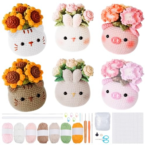 FREEBLOSS 6 Set Crochet Kit Crochet Animals Kit for Beginners with Video Tutorials Crochet Flower Potted Plant Crochet Starter Kit Crochet Yarn and Hook Set for Beginners Knitting Kit for Gift