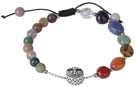 DyLyz Boho Armband mit indischen Achat Steinperlen geflochten handgefertigt mit Quaste und Blumengravur ovales natürliches Chakra Armband mit Yoga Reiki Armreif für Damen und Herr