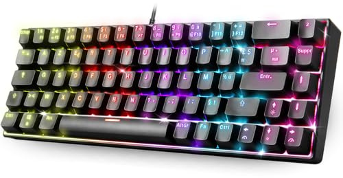 XPERT K150 : Clavier gaming TKL 60% / 69 touches mécaniques bleues / Technologie N-Key Rollover 100% antighosting / Rétro-éclairage RGB 21 modes / Switches remplacables : 2 switchs de plus fournis