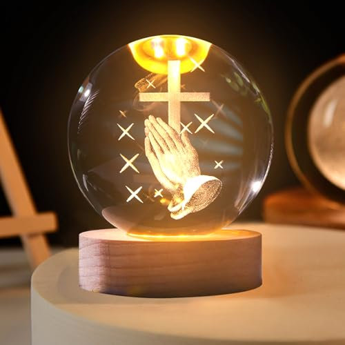 Sfera di cristallo luce notturna, 8 cm, sfera in vetro 3D con base in legno, decorazione natalizia, lampada alimentata USB, pianeta di Gesù Croce lunare, regali religiosi per la decorazione di interni
