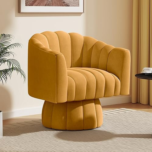 Mid Century Samt-Stuhl mit 360-Grad-Drehfuß, breiter, gepolsterter Sitz, für Wohnzimmer, Schlafzimmer, Büro, Wartezimmer, Beige