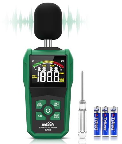 Dezibel Messgerät, SQECH Schallpegelmessgerät mit Farbigem Hintergrundbeleuchtetem Bildschirm, dB Messgerät mit A/C-Bewertung, dB/SONE-Einheiten, Schnelle/Langsame Reaktion, Bereich 30–130dB