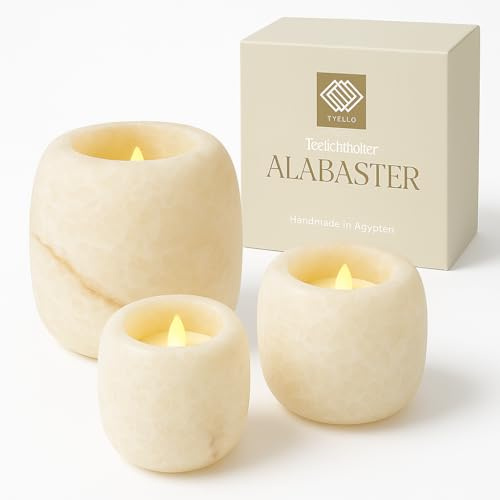 YVELLO. DESIGN Portacandela/Porta tealight in pietra di alabastro - Realizzato a mano in Egitto - Variante: Grande (13-15 cm)