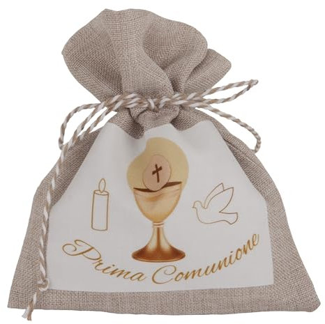 Doni Bomboniere Kommunion 12 Stück Säckchen für Konfekt mit Aufschrift Erste und Symbole Heiliger Kelch und Hostie Zugbänder Kordel Geschenkideen Complete Original günstig
