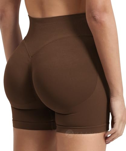 ZAAYO Sportshorts för kvinnor dold scrunch träning effekter kort 10 cm scrunch butt lyftande gym kort sömlösa booty biker shorts, Djupbrun, L