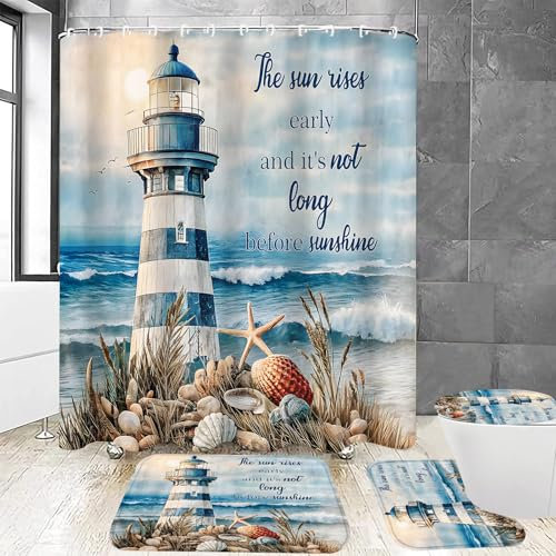 Chrainy 4-teiliges nautisches Leuchtturm-Duschvorhang-Set, Meeresmuschel, Badezimmer-Set, Dekor mit rutschfesten Teppichen, U-förmige Matte, WC-Deckelbezug, Seestern, Leuchtturm, Badezimmervorhang