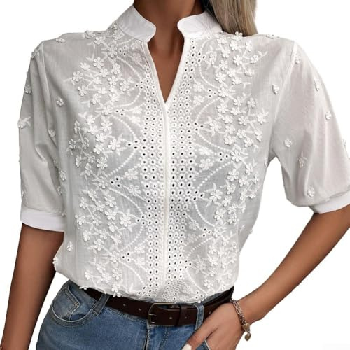 EasyByMall Women's Summer Blouse Floral Embroidered Lace Design with V Neck and Shortsleeve (XL White)