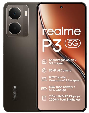 realme P3 Smartphone 5G,12+512GB,Batteria titanica da 5260 mAh,Ricarica rapida 45 W,Chipset Snapdragon 6 Gen 4, Fotocamera AI da 50MP,Display Pro-Esports 120Hz 2000 nits,IP69,Grigio (Senza Adattatore)