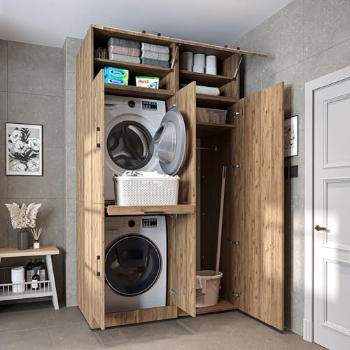 ROOMART Waschmaschinenschrank Dora Set für Trockner & Waschmaschine, 130 cm breit, in 4 Farben, mit Türen & Ausziehbrett (230 cm Hoch - Mit Aufsatzschrank, Eiche)