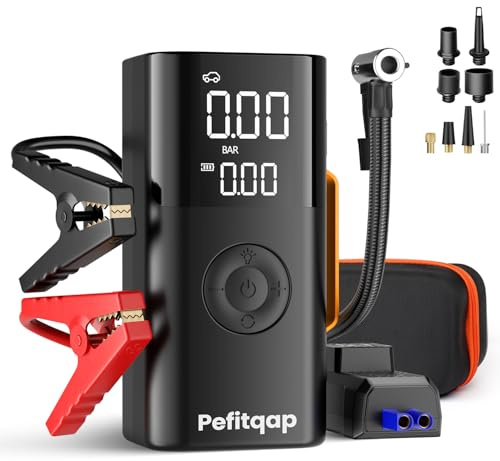 10-IN-1 5000A Jump Starter Power Pack with 150PSI Air Compressor, Blower & Vacuum, Pefitqap 12V Car Battery Booster Jump Starter with Jump Leads, Portable Power Bank, LED Lights(10L Gas/8L Diesel)