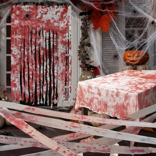 Halloween Deko Set – Blutige Tischdecke 2,15x1,52m, Türvorhang 1,65x1m, 10m Bandage, 20g Spinnweben & 20 Spinnen – Komplett-Set für Gruselige Party Deko in Haus, Garten & Spukhaus