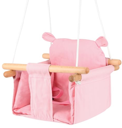 Balançoire Bébé Intérieur - Balançoire Enfant avec Trousse en Toile Coton, Ceinture de Sécurité, Corde Réglable, Bois Écologique, 29x29x31cm, Charge Max 20kg (Rose)