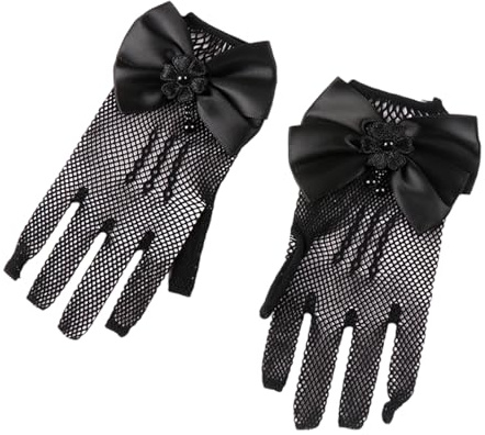 YROHGKPN Guantes de niña de flores para ocasiones formales con acentos de encaje y perlas artificiales, novia, fiesta, ceremonia, accesorios, niña, boda, Negro , Talla única