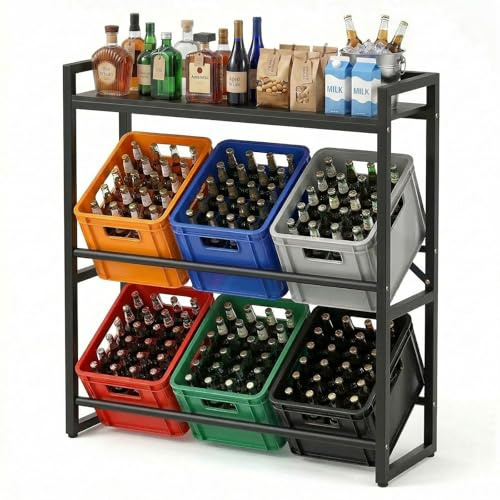 Treeboy Getränkekistenregal 6 Kisten mit Ablage Kistenregal Getränkeregal | Freistehend Bar Vorratsschrank Barschrank Getränke Regal Weinregal Metall trag. 370 kg, 32D x 104W x 114H cm Schwarz