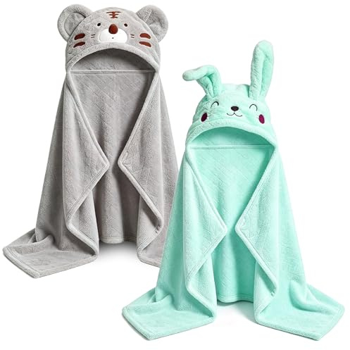 SFIUYDS Kapuzenhandtuch Baby 2er-Pack, Baby Badetuch mit Kapuze aus Korallen-Fleece für 0–5 J., Flauschig & Saugstark, 127x81 cm, Babygeschenk – Grauer Tiger & Grünes Kaninchen Set