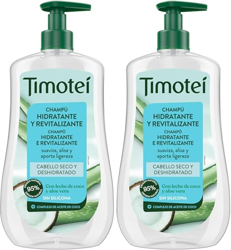 Timotei Champú Hidratante y Revitalizante 600ml | Hidrata Cabello Seco y Deshidratado | Con Aceite de Coco, Leche de Coco y Aloe Vera | Cabello Suave, Ligero y Brillante | Sin siliconas (Paquete de 2)