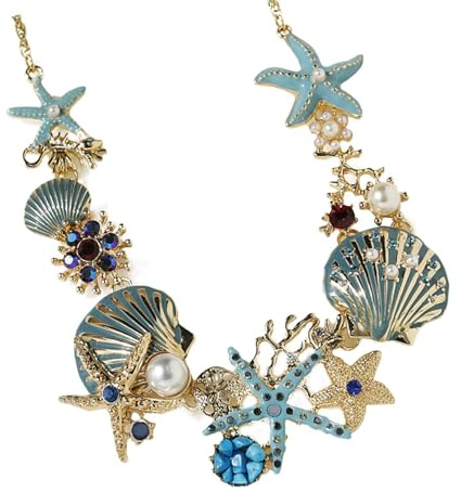 Zunishaone Collier de perles étoile de mer coquillage – de zinc bleu, breloque corail femme, chaîne pendentif coquillage | Parfaitement idéal pour un accessoire de soirée de bal