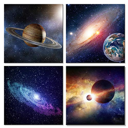Wieco Art Giclee Canvas Prints Wall Art Space Pictures for Bedroom Home Decorations Universal Magic Power Modern 4 Panels Contemporary Star Sky Pictures Astronomy Artwork