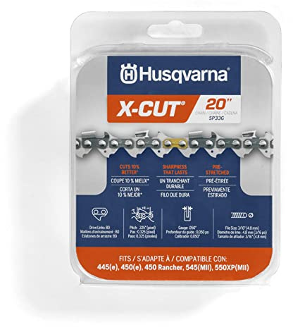 Husqvarna X-Cut SP33G - Cadena de motosierra de 20 pulgadas. Paso de 325 pulgadas. Calibre de 50 pulgadas, 80 eslabones de transmisión, repuesto de hoja de motosierra preestirada con lubricación