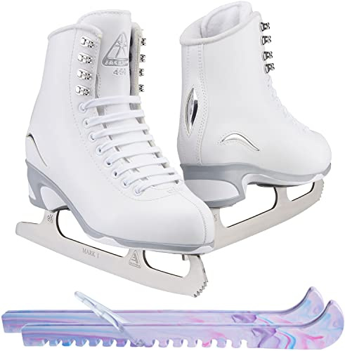 Jackson Ultima White Figure Ice Skates for Girls/Youth 12 (Kid's) Bundle with Guardog Berry Blend Swirlz Skate Guards