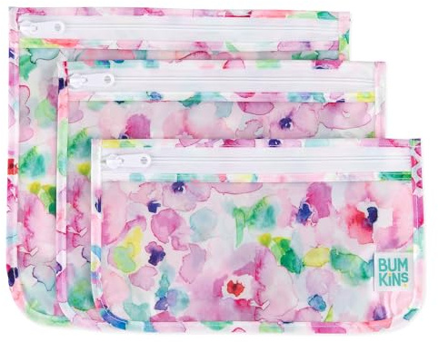 Bumkins Travel Bag, Toiletry, TSA Approved Pouch, Zip Bag, Quart Size Airline Compliant, Clear-Sided, Baby, Diaper Bag Organization, Makeup, Accessories, Packing, Set of 3 Sizes, Watercolors Floral