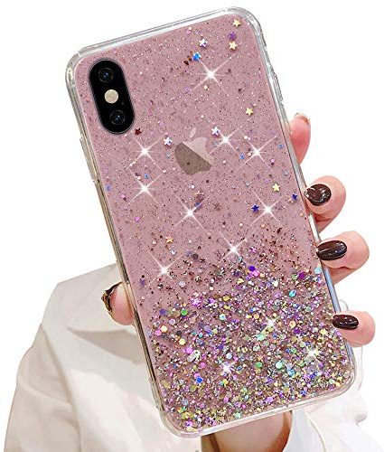 LCHULLE Glitzer Hülle Kompatibel mit iPhone X/Xs(5.8 Zoll) Handyhülle Mädchen Schuzhülle Glitzer klar TPU Bumper Silikon Hülle Handyhülle Tasche Case Cover für iPhone X/Xs Rosa
