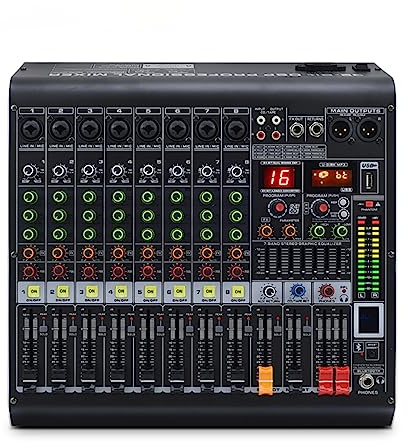 Micfuns Professionelle 8-Kanal-Mono-Audio-DJ-Sound-Mixer-Konsole mit Bluetooth-USB-Schnittstelle, 48-V-Phantomspeisung, Soundkarte mit 3-Band-EQ, eingebauten 16 DSP-Effekten, ideal für Aufnahme