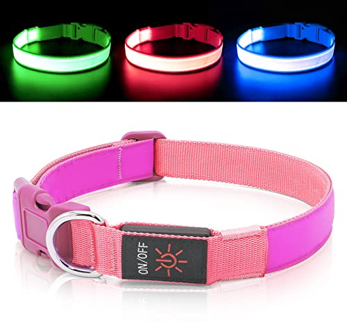 LED-Hundehalsband, beleuchtet, rotes Licht, USB, wiederaufladbar, verstellbare Größe, strapazierfähige (M, Candy Pink)