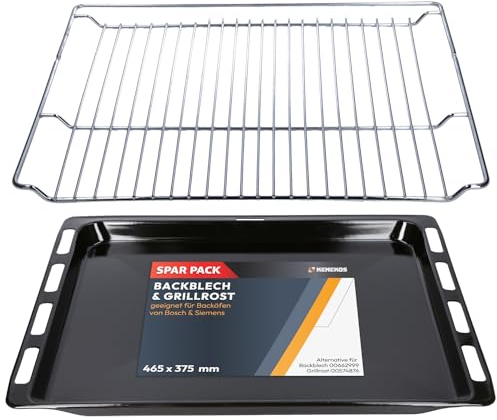 Kenekos - SET Backblech 465 x 375 x 26 mm & Grillrost 465x375 mm kompatibel mit Bosch Siemens Backofen 17008354, 00662999 Gitterrost 00574876, emailiert, ausziehbar, Fettpfanne Kuchenblech Pizzablech