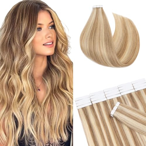 16(40cm) SEGO Extensiones Adhesivas Remy Pelo Natural 20 PCS [#12/613 Marrón Dorado/Blanqueador Rubio] Cabello Humano sin Clip Tape in Human Hair (50g)