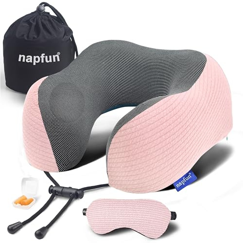 napfun Neck Pillow for Travel with Travel Pouch, Sleep Mask & Earplugs, Memory Foam Airplane Pillow for Headrest Sleep with Eyeshades, Plane Essentials with Eye Blindfold, Pink Striped Kit