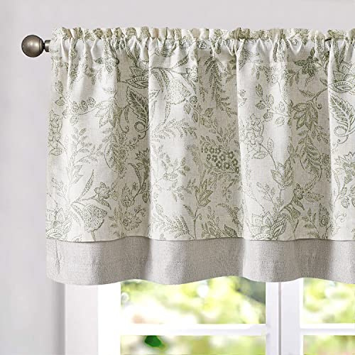 TOPICK Tende in lino, 1 pezzo, motivo floreale, opache, 125 x 45 cm, per primavera, stile rustico, oscuranti, per soggiorno, finestra, verde su beige