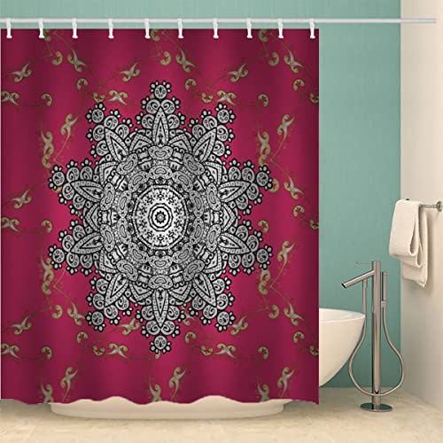 MOXINO Mandala Duschvorhang Anti-Schimmel 180x200 cm Polyester Stoff Textil Waschbar Badewanne Badvorhang 3D Blumen Boho Retro Shower Curtain Wasserdicht Badezimmer Vorhänge mit 12 Haken