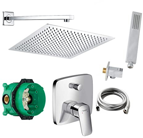 vanvilla Duschsystem Unterputz mit Duscharmatur Hansgrohe poliert HG01-XL | Duscharmatur von Hansgrohe Logis Einhebelmischer und vanvilla Regendusche Duschkopf eckig, Dusch-SET poliert