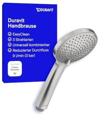 Duravit Universal Duschkopf, Handbrause mit 3 Strahlarten (Rain, IntenseRain, SoftRain), Handbrause rund (Ø 110 mm), Brausekopf reinigungsfreundlich, Edelstahl Gebürstet