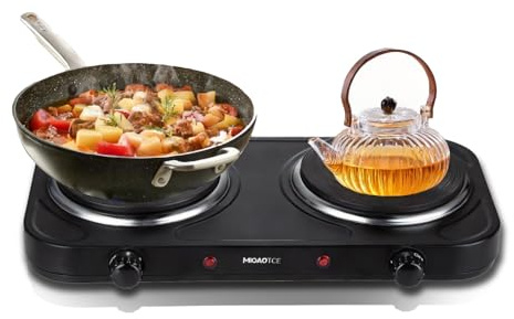 MIOAOTCE Countertop Double Cast Iron Burner 1800 Watts Electric Hot Plate with Adjustable Temperature 6.1 Cooktop for Dorm, Office, Home, Camp, Compatible for All Cookwares