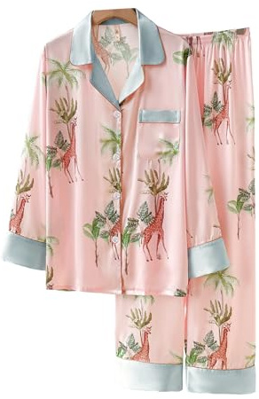 DQSSYTTX Pyjama Set Floral Giraffe Print Seide Lange Hosen Langarm Nachtwäsche V-Ausschnitt Knopf Nachtwäsche