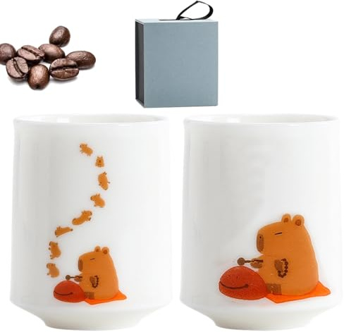 BommFu Tasses à thé en céramique sans poignée, service à thé en céramique de style japonais - Tasse à café avec motif Capybara peint à la main,Ensemble de tasses à thé allant au micro-ondes, réduit