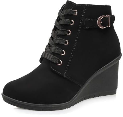 Dernolsea Damen Keilstiefeletten Schnürstiefel Reißverschluss Damen Chunky Plateau Stiefel, Schwarz , 37 EU