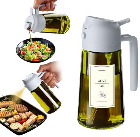 TrendPlain Pulverizador Aceite Spray 470ml - 2 en 1 Spray Aceite Cocina y Dispensadora con Etiquetas y Protección contra la Luz para Freidora de Aire, Ensaladas y Vinagre - Ceniza