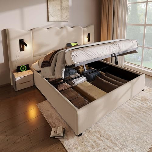 WIZBED Doppelbett 180x200, integriertes Kopfteil mit LED und USB Ladefunktion, Polsterbett Bettanlage mit Stauraum und Lattenrost, Hydraulisch Stauraumbett, Beige, Leinen, Ohne Matratze
