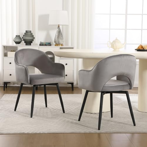 Ya-Home Esszimmerstühle 2er Set, Drehbare Küchenstühle mit Armlehne Samt Polsterstuhl Metallbeine für Esszimmer/Restaurant/Wohnzimmer, Grau