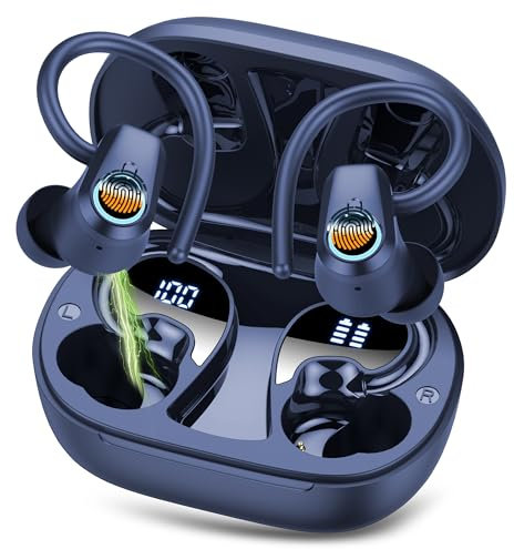Wireless Earbuds, Bluetooth 5.4 Headphones in Ear buds with 4 ENC Noise Canceling Mic, 50H Stereo Wireless Earphones with Earhooks, Dual LED Display, IP7 Waterproof Sport Headphones for Running, Blue