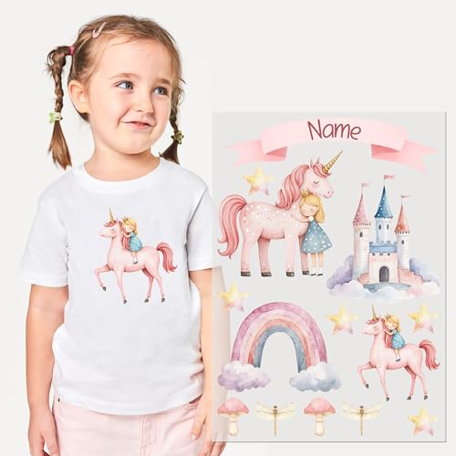 GRAZDesign Einhorn Bügelbilder für Kinder - Niedliche Textilaufkleber Set mit Schloss, Regenbogen und Sterne Designs DIN A4